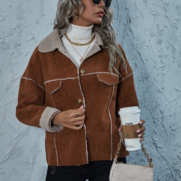 Corduroy button up teddy lined jacket coat rust - Picture 2 of 6